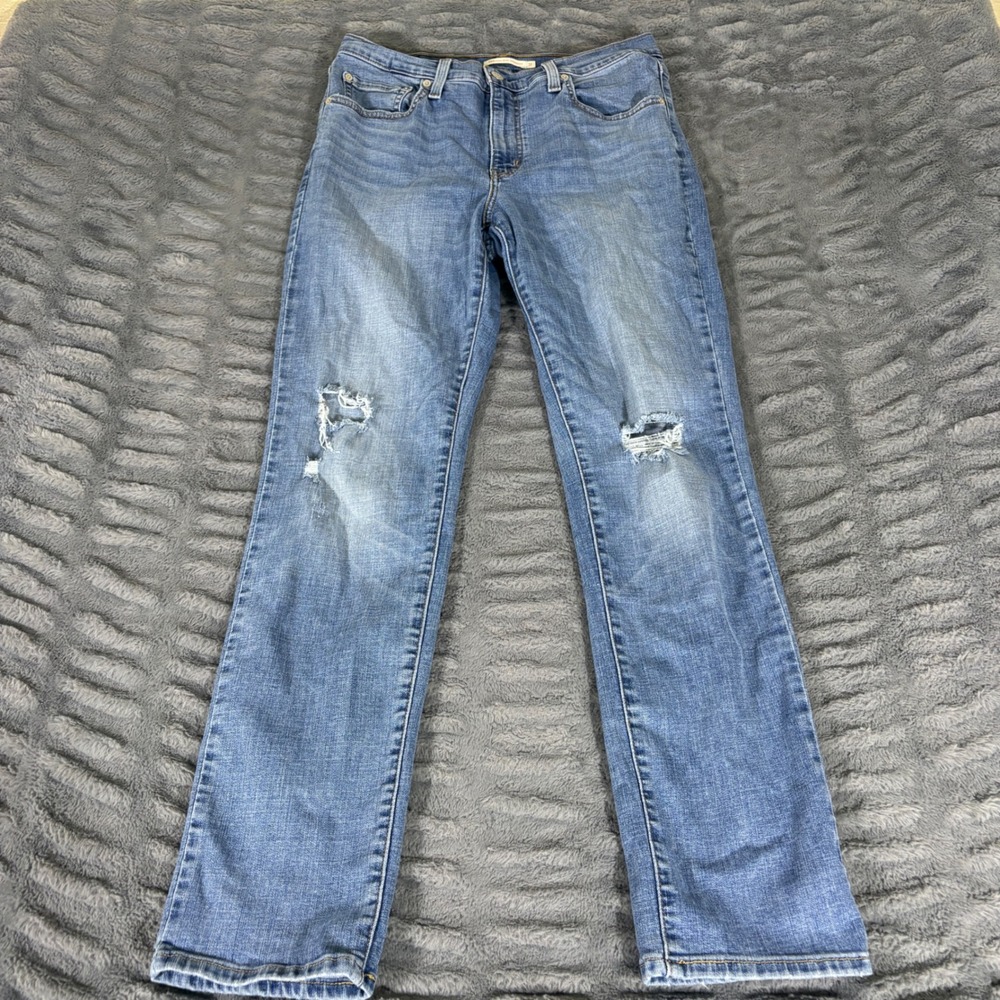 Levis 724 High Rise Straight Jeans Blue Distressed Womens 31x32 18883-0275